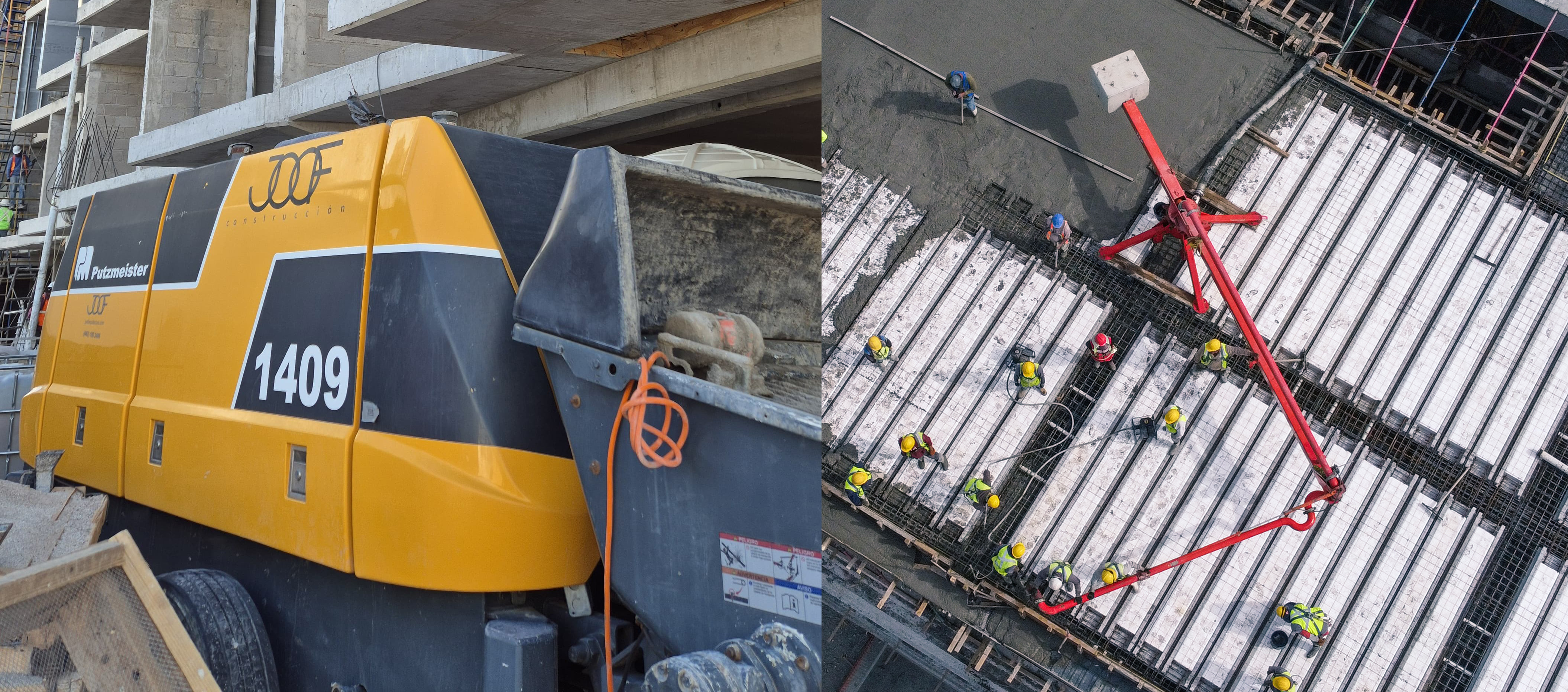 Trabajos en obra vertical con pluma de distribución y grúa torre